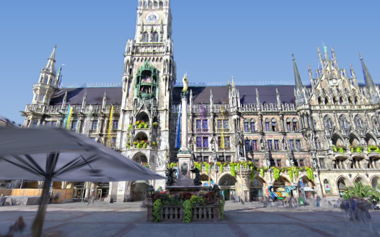 Splat of Marienplatz with the Neues Rathaus, its Glockenspiel tower and the Mariensäule column under a blue sky