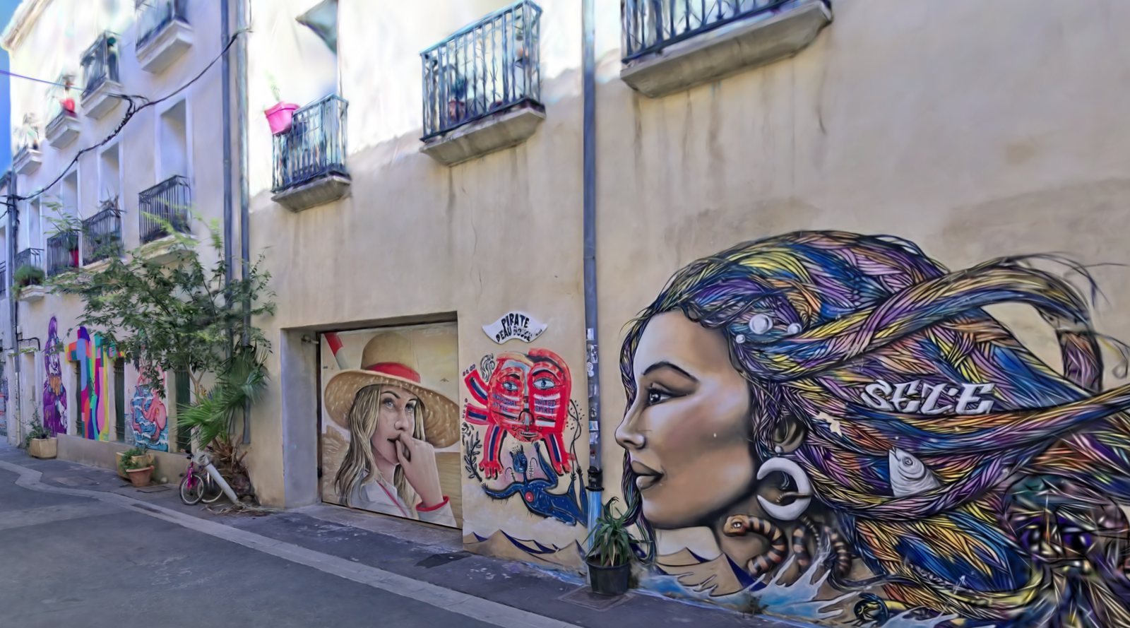 Splat of Rue de Tunis with a large mural of a woman with flowing multicoloured hair